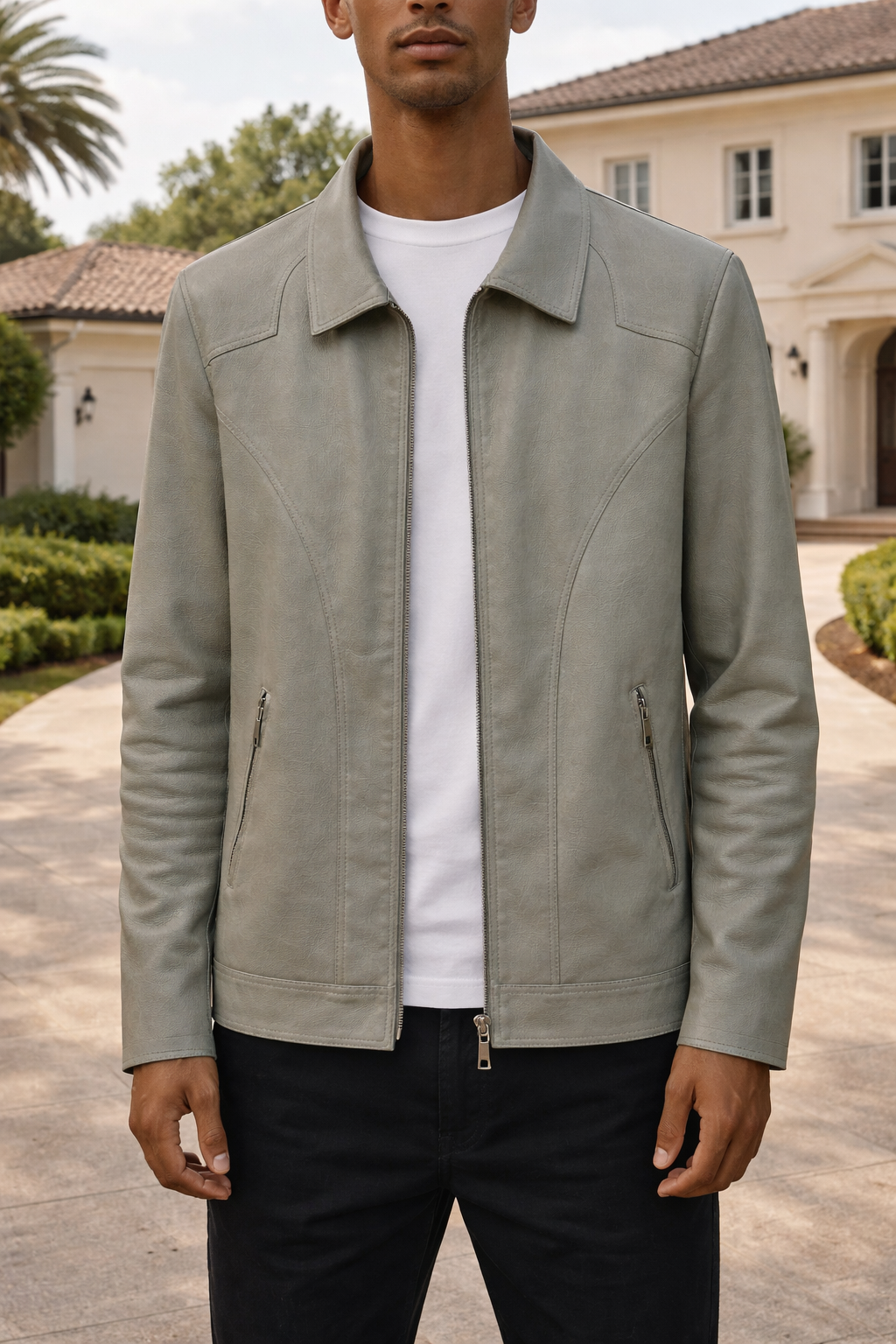 Men's Regular-Fit Leather Jacket with Panelled Seams – Sage Green