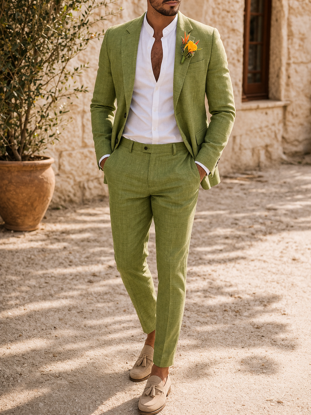 Men's Two-Piece Linen Suit with Tailored Blazer and Trousers – Sage Green