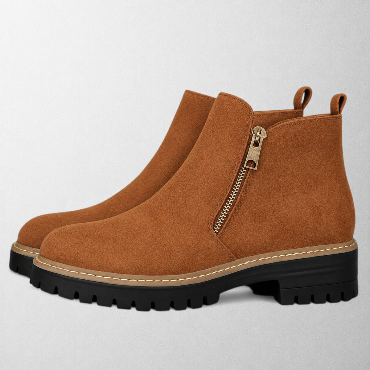 Women's Round Toe Shoes with Side Zip Fastening – Brown