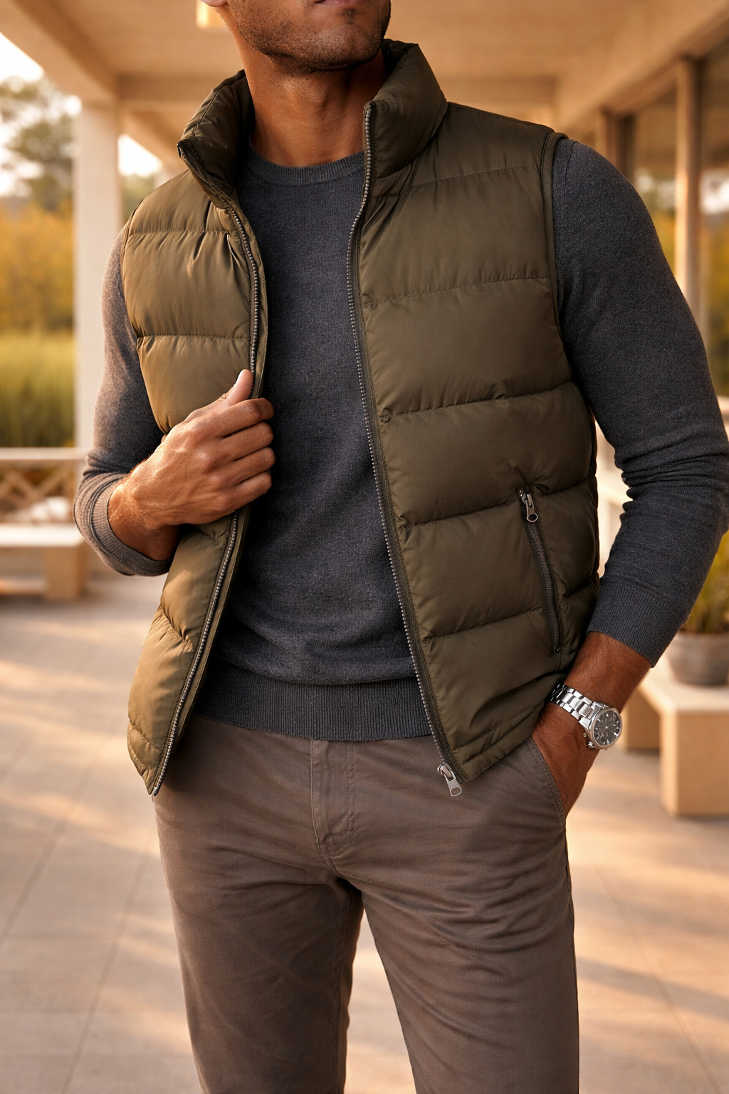Men's Panelled Quilted Gilet Zip Front Sleeveless Warmth – Olive Brown