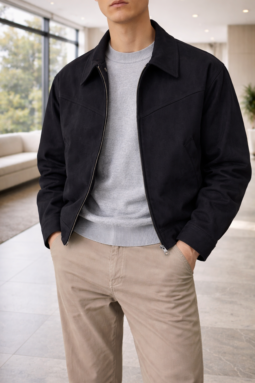 Men's Short Suede Jacket with Panelled Construction – Black