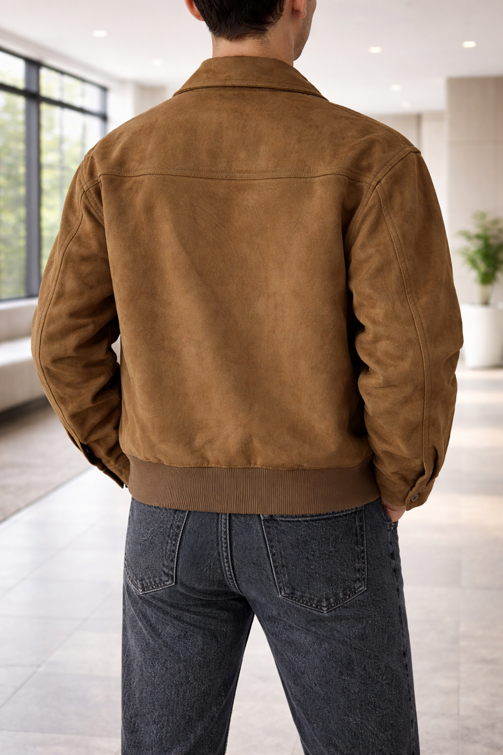 Men's Short Suede Jacket with Panelled Construction