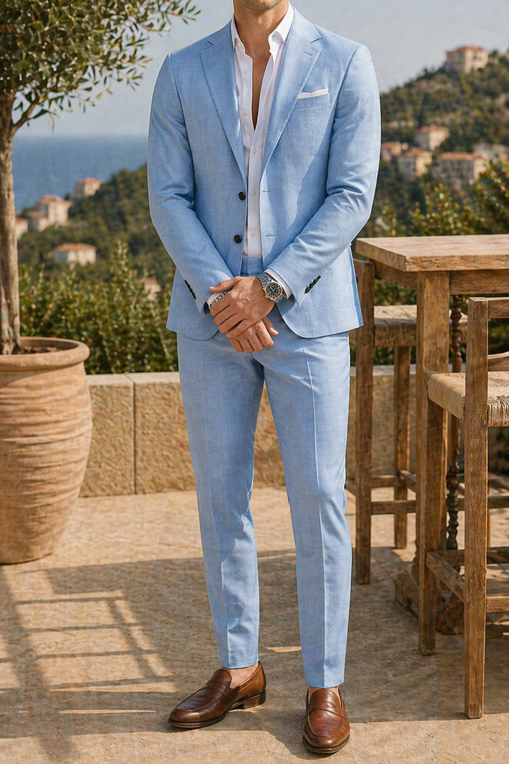 Men's Linen Suit Set with Tailored Blazer and Matching Trousers – Light Blue