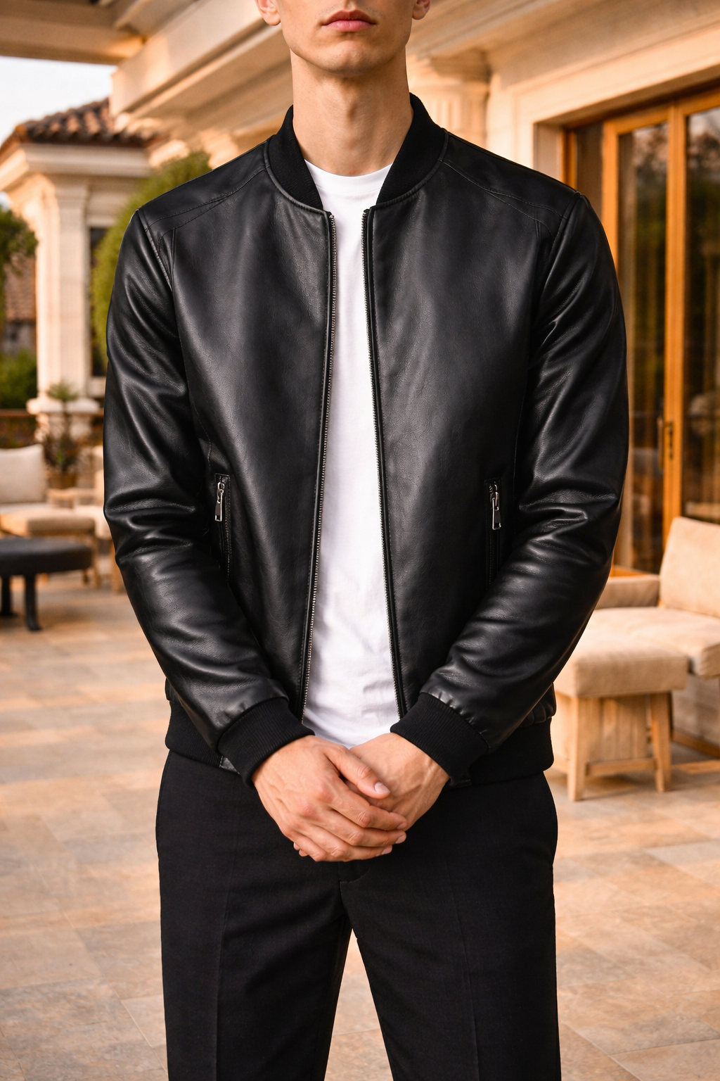 Men's Regular-Fit Leather Bomber Jacket with Zip Pockets – Black