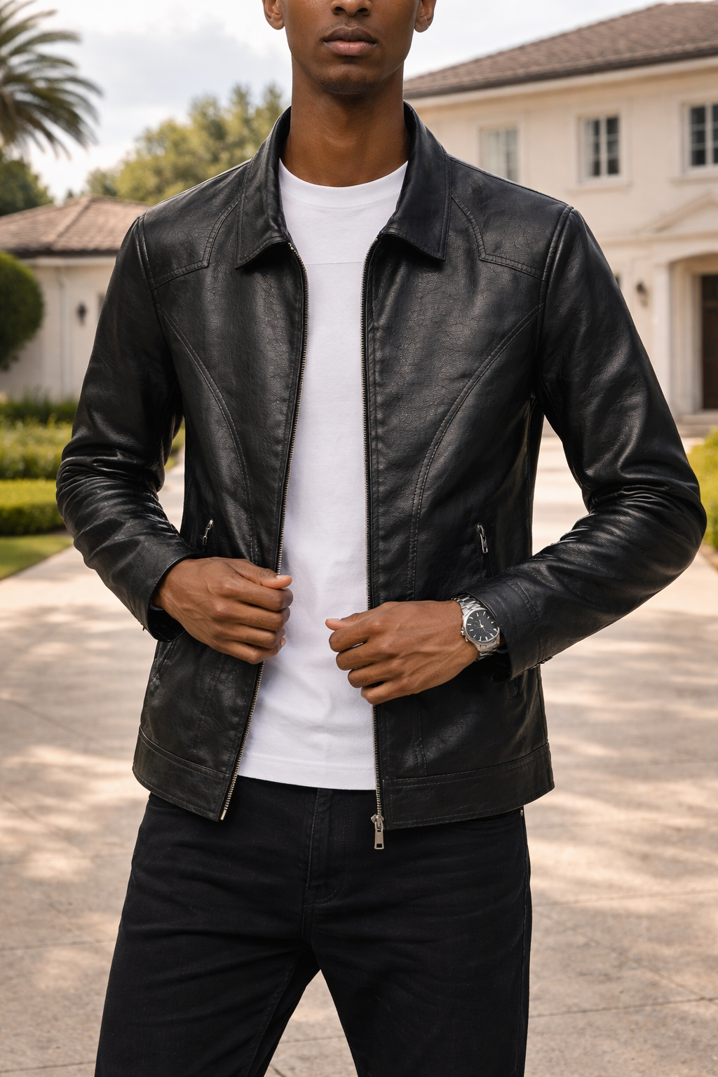 Men's Regular-Fit Leather Jacket with Panelled Seams – Black