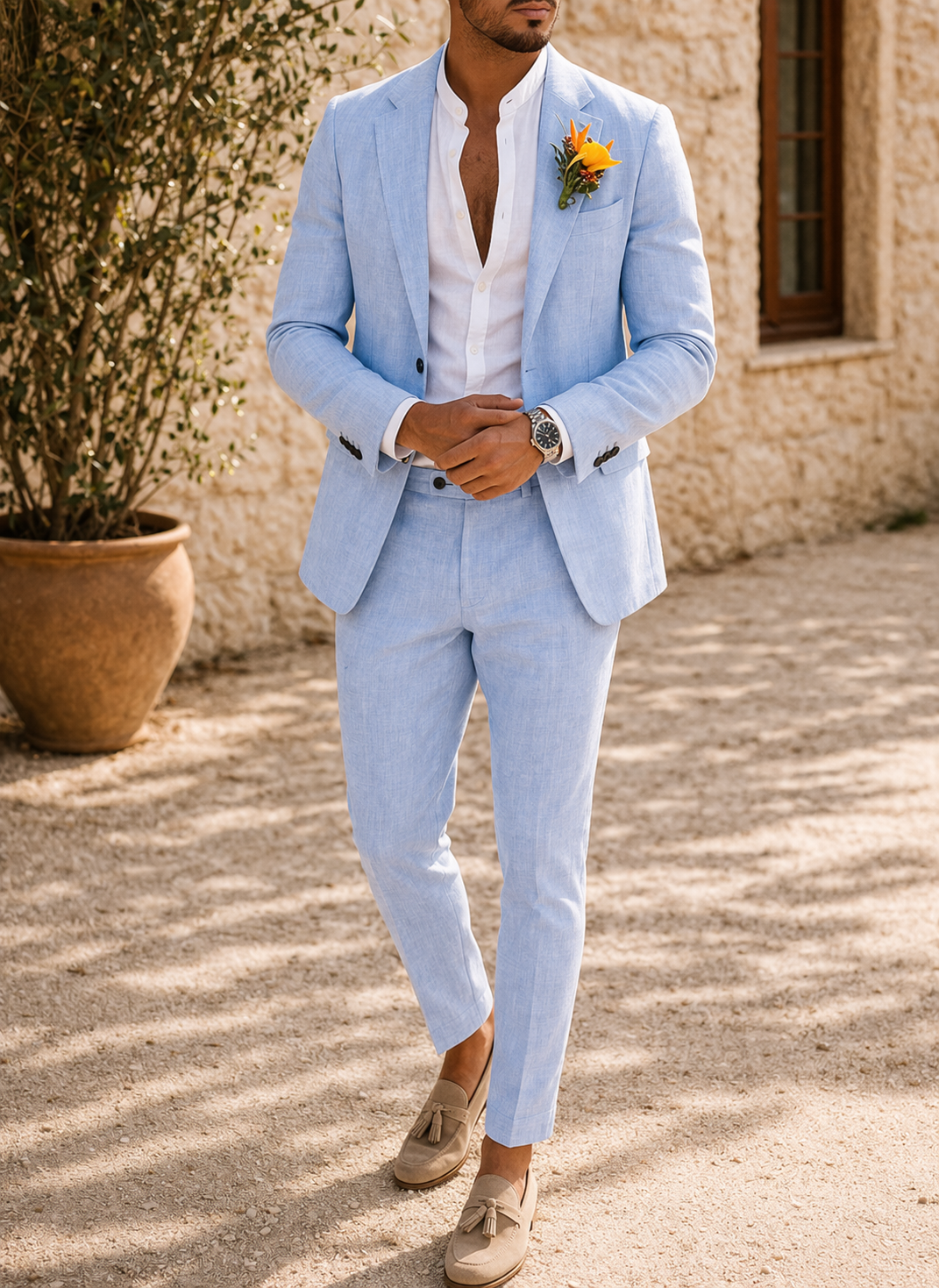 Men's Two-Piece Linen Suit with Tailored Blazer and Trousers – Light Blue
