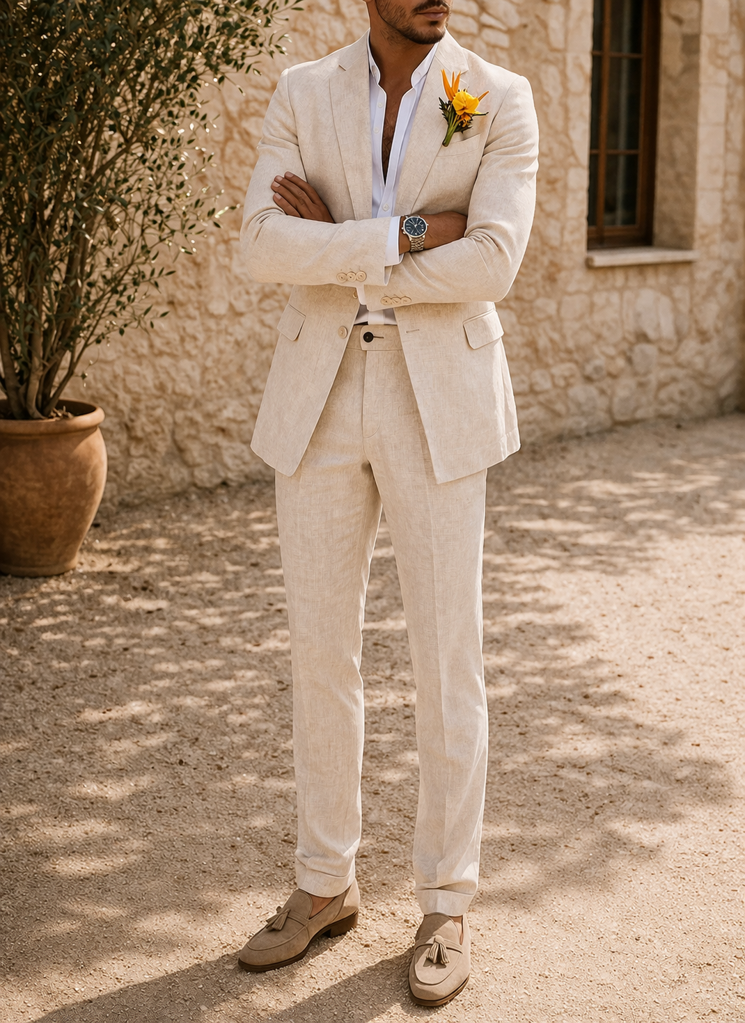 Men's Two-Piece Linen Suit with Tailored Blazer and Trousers – Beige