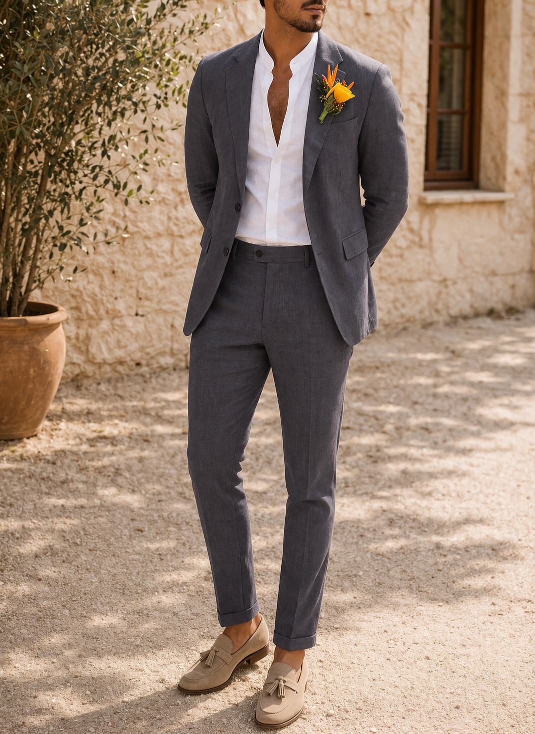 Men's Two-Piece Linen Suit with Tailored Blazer and Trousers – Grey