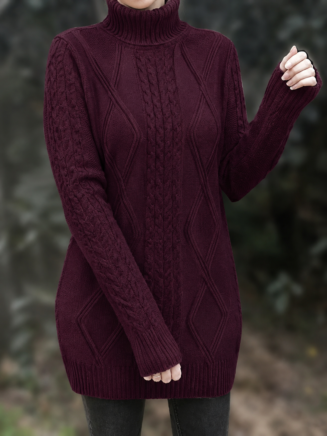 Women's Hip-Length Chunky Cable-Knit Roll-Neck Jumper