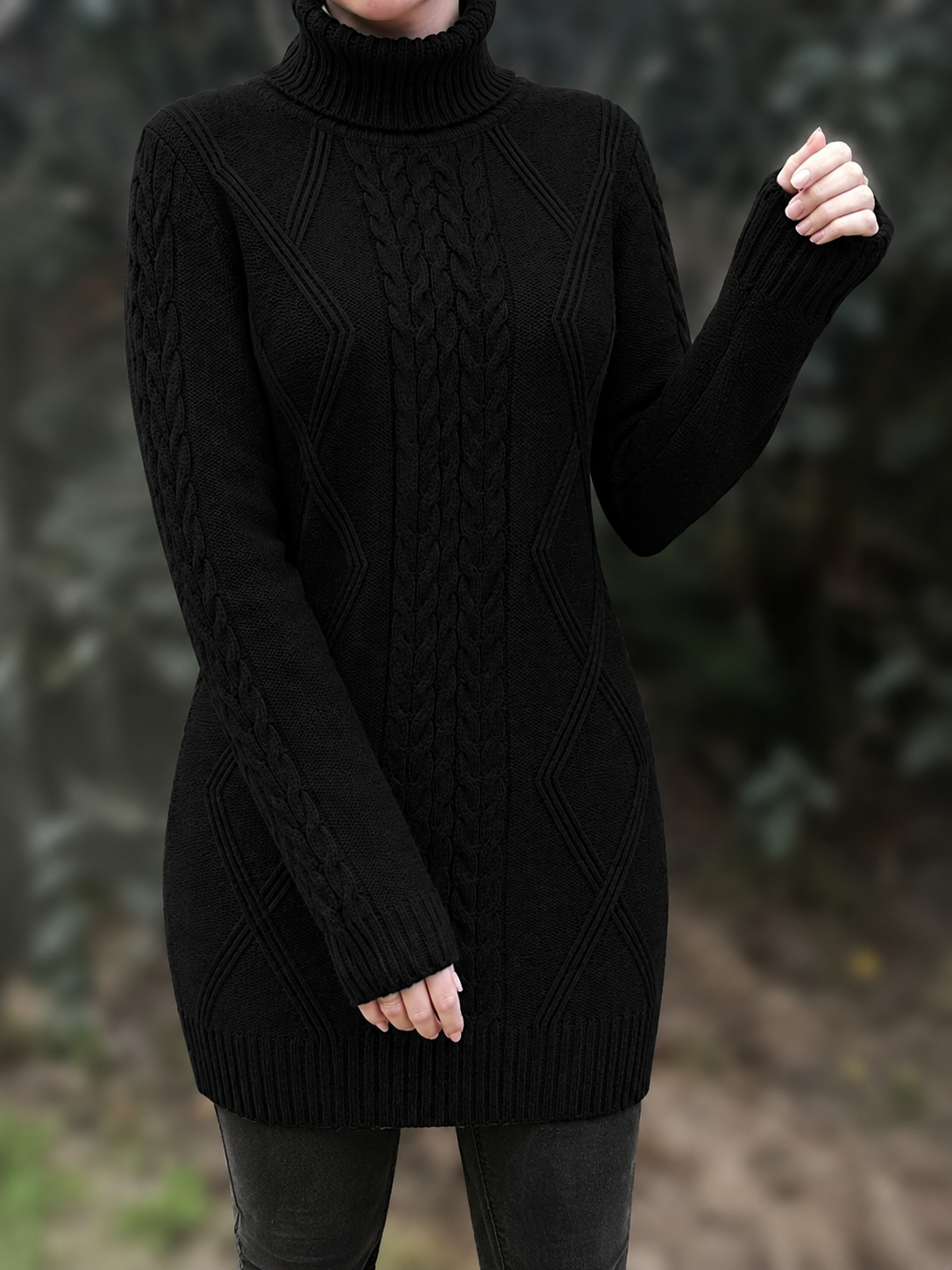Women's Hip-Length Chunky Cable-Knit Roll-Neck Jumper