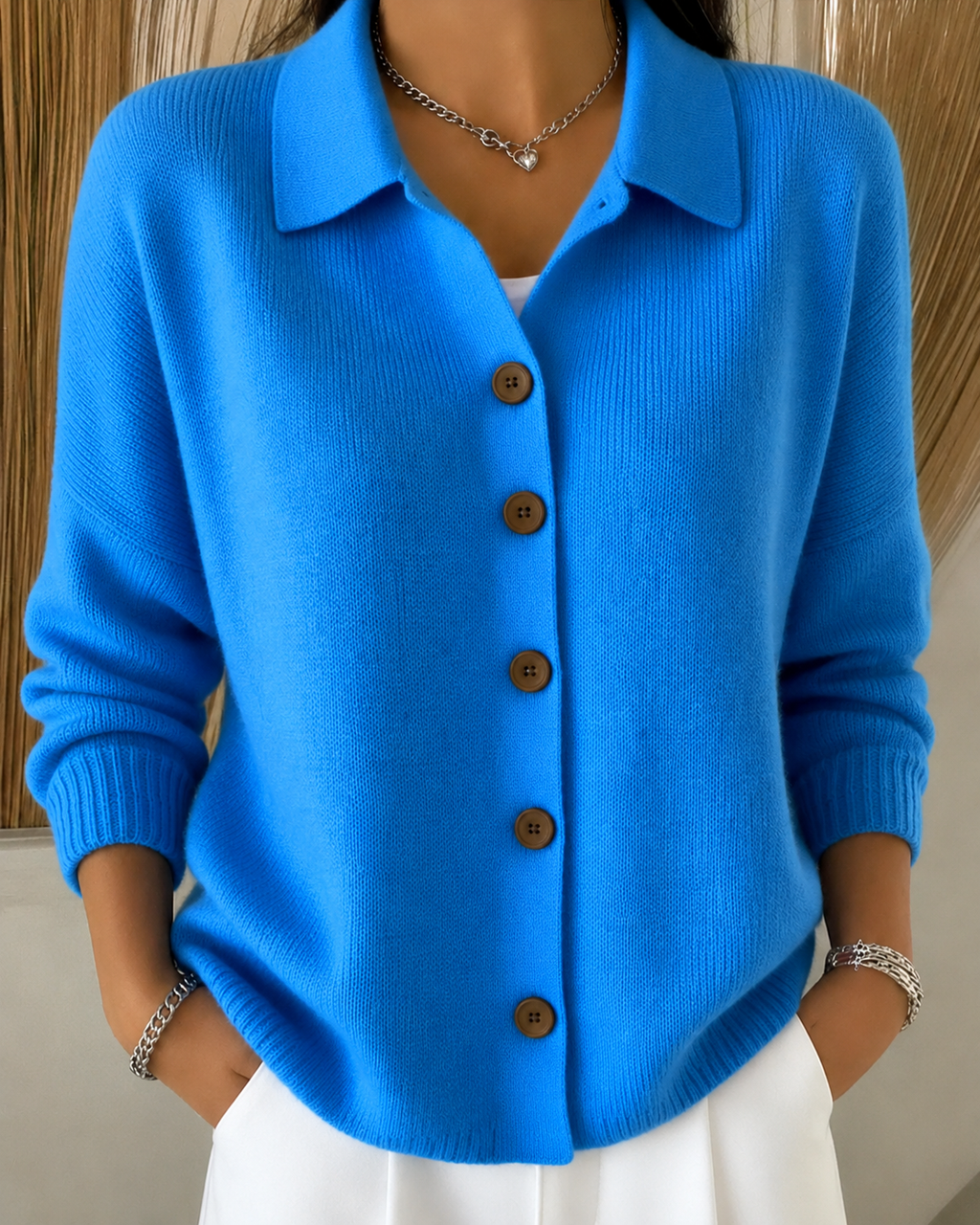 Women's Button-Front Cardigan with Structured Collar – Blue