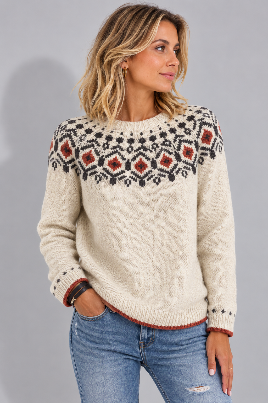 Women's Khaki Relaxed Fair Isle Crew Neck Knit Jumper