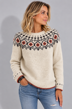 Women's Khaki Relaxed Fair Isle Crew Neck Knit Jumper
