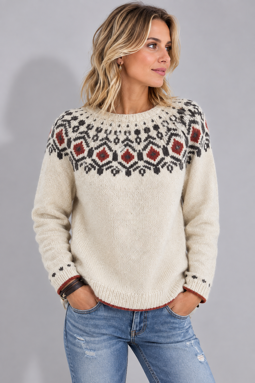 Women's Khaki Relaxed Fair Isle Crew Neck Knit Jumper