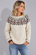 Women's Khaki Relaxed Fair Isle Crew Neck Knit Jumper
