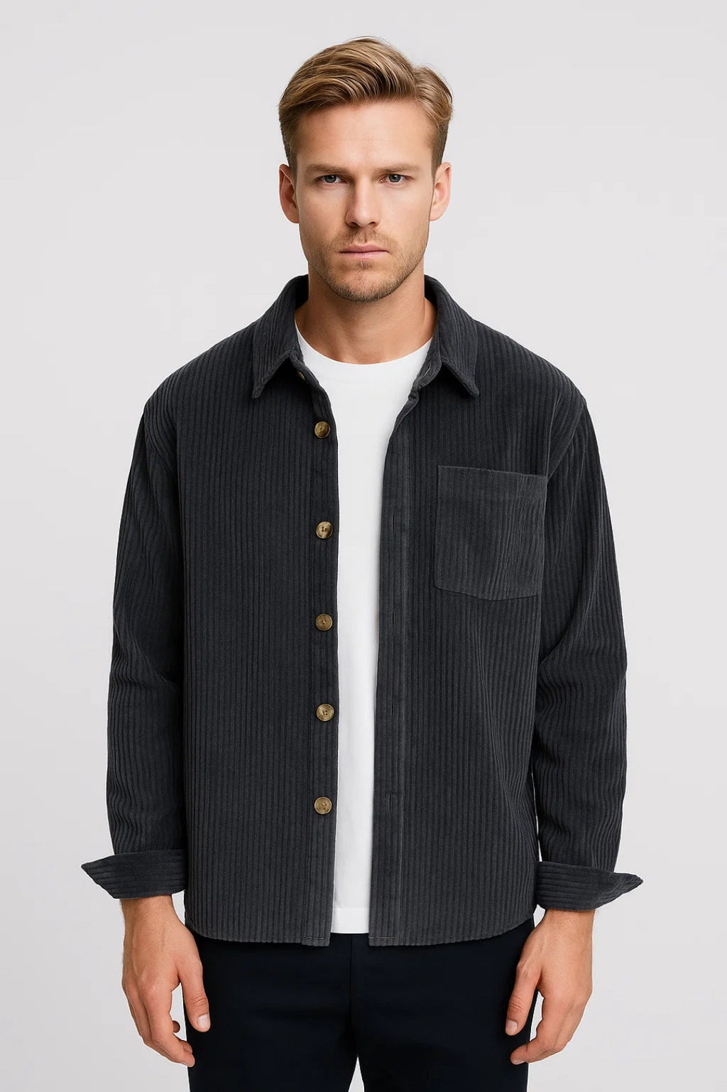 Men's Textured Ribbed Overshirt Collared Button Front Layer – Dark Grey