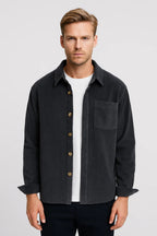 Men's Textured Ribbed Overshirt Collared Button Front Layer – Dark Grey