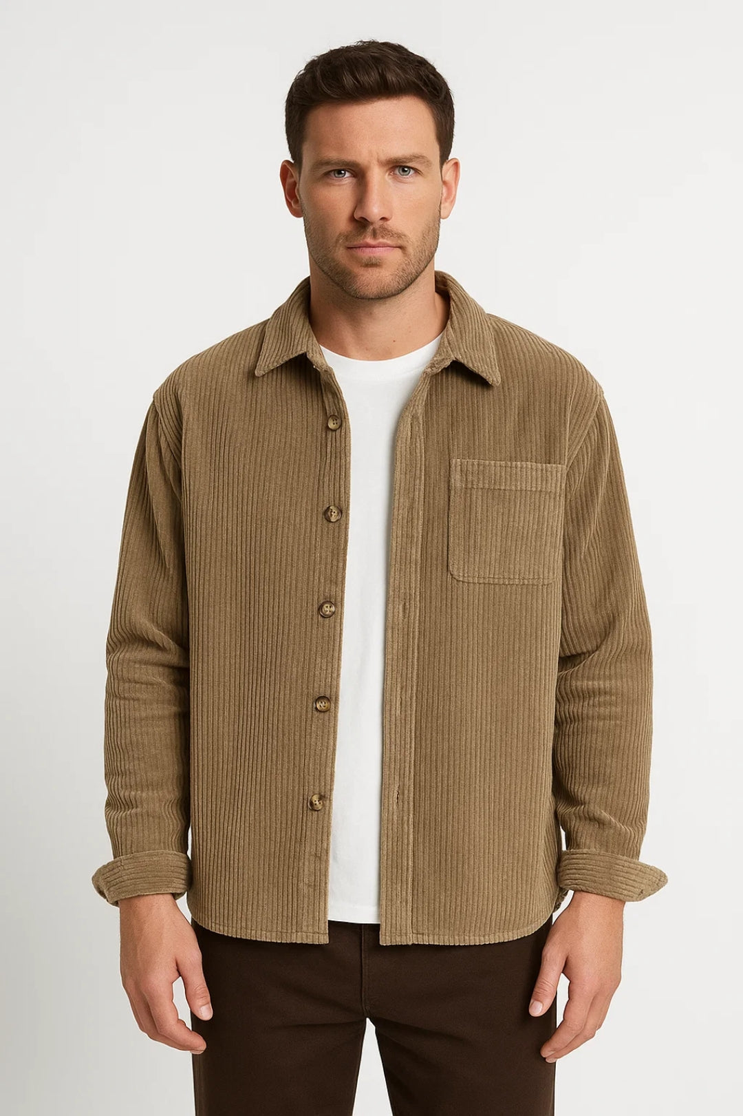 Men's Textured Ribbed Overshirt Collared Button Front Layer – Khaki