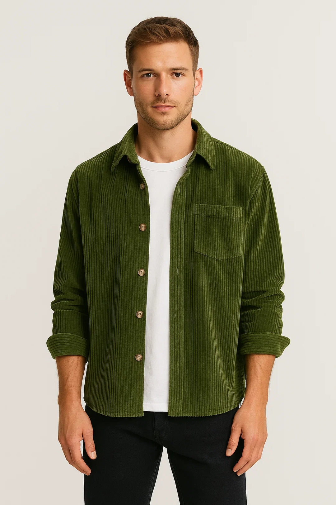 Men's Textured Ribbed Overshirt Collared Button Front Layer – Green