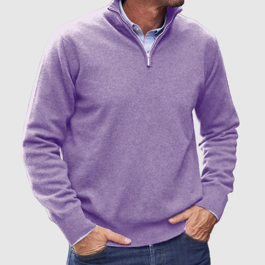 Men's High-Collar Quarter-Zip Knit Jumper for the Office – Light Purple
