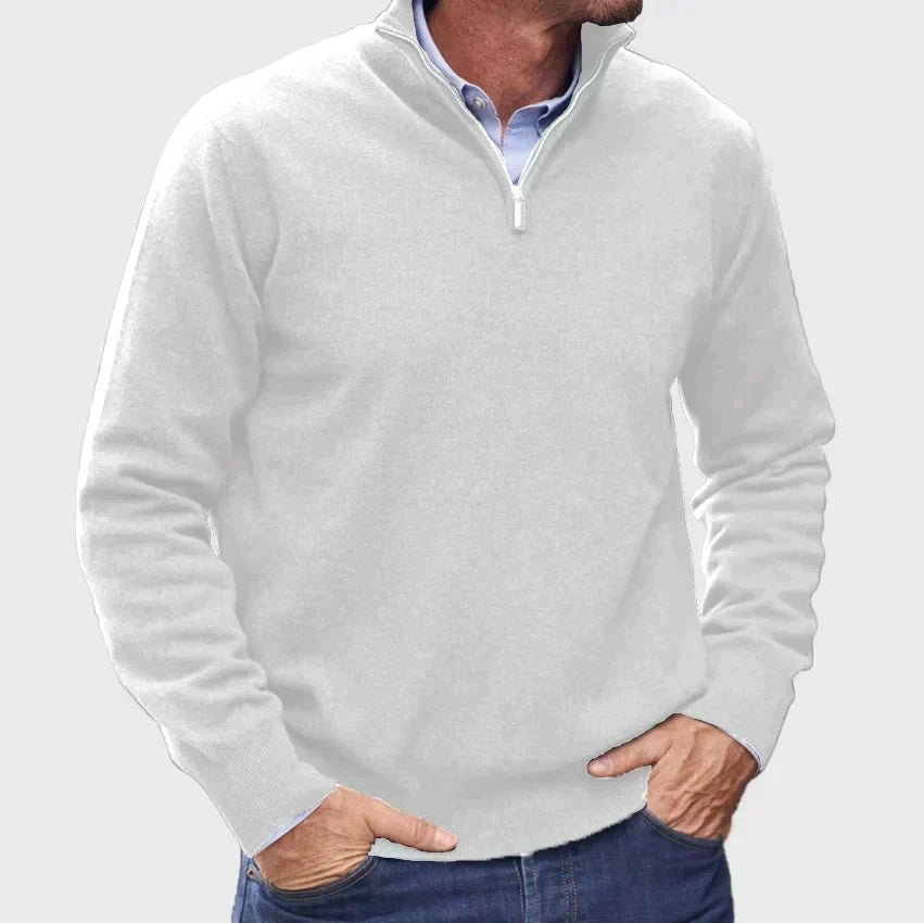 Men's High-Collar Quarter-Zip Knit Jumper for the Office – White