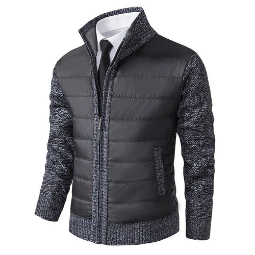 Men's Knit-Sleeve Jacket with Quilted Front and High Collar – Dark Grey
