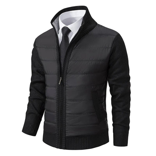 Men's Knit-Sleeve Jacket with Quilted Front and High Collar – Black
