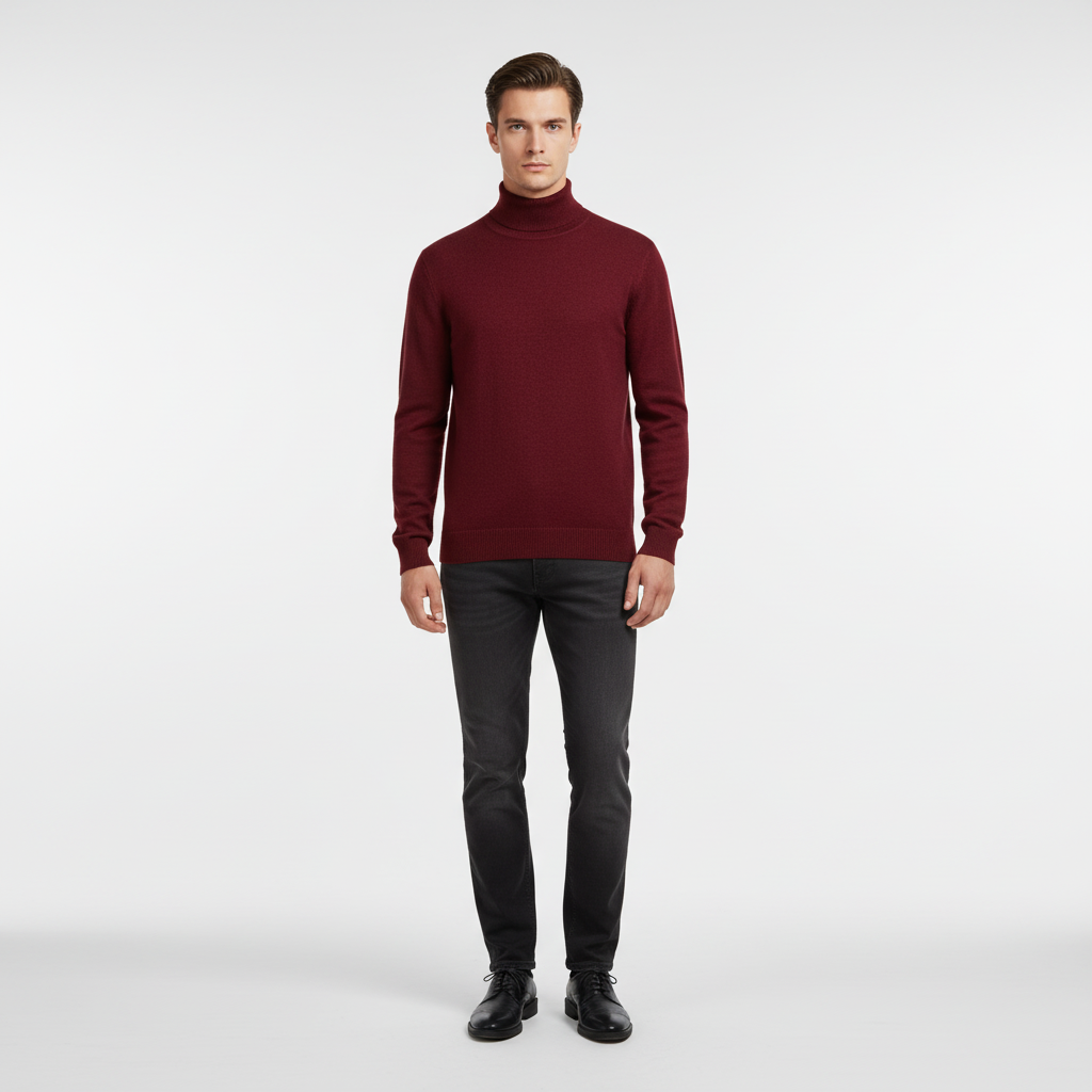 Men's Fine-Knit Roll-Neck Jumper with Regular Cut – Wine Red