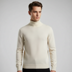 Men's Fine-Knit Roll-Neck Jumper with Regular Cut – Beige