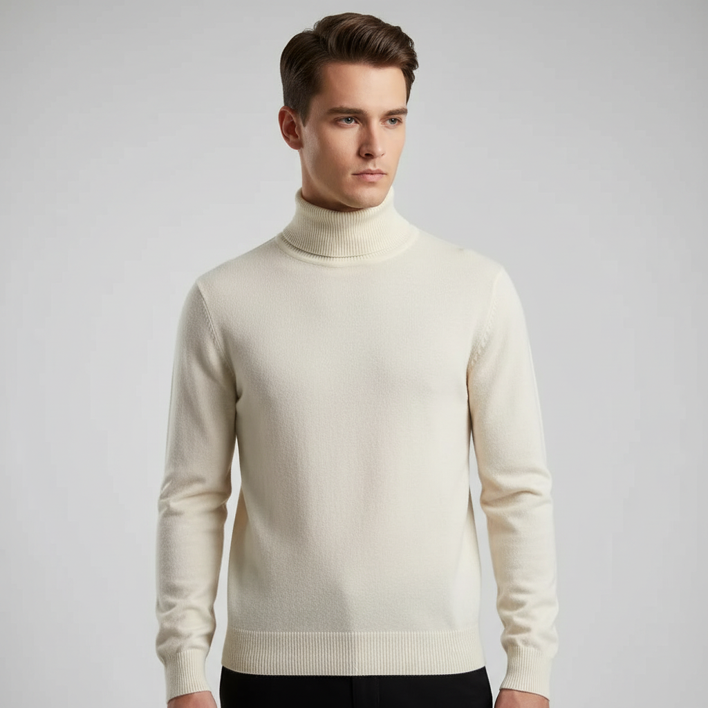 Men's Fine-Knit Roll-Neck Jumper with Regular Cut – Beige