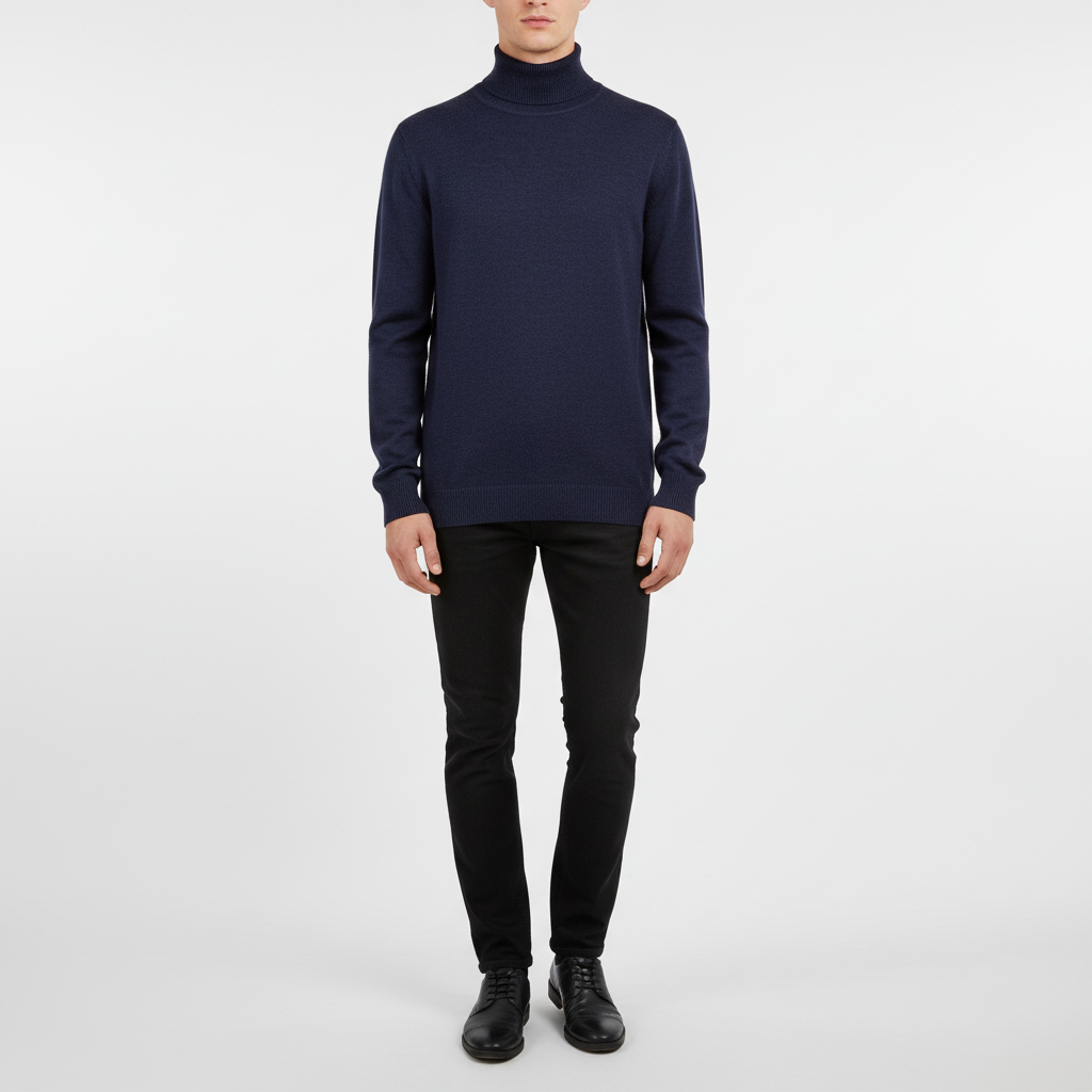 Men's Fine-Knit Roll-Neck Jumper with Regular Cut – Dark Blue