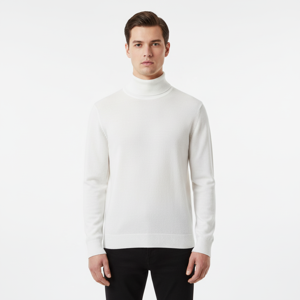 Men's Fine-Knit Roll-Neck Jumper with Regular Cut – White