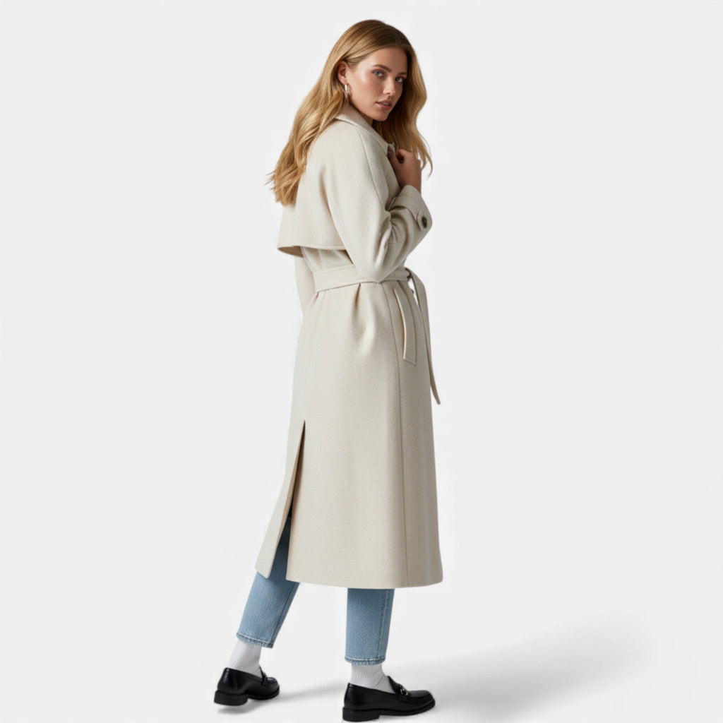 Women's Wool Blend Belted Overcoat Structured Lapel Collar