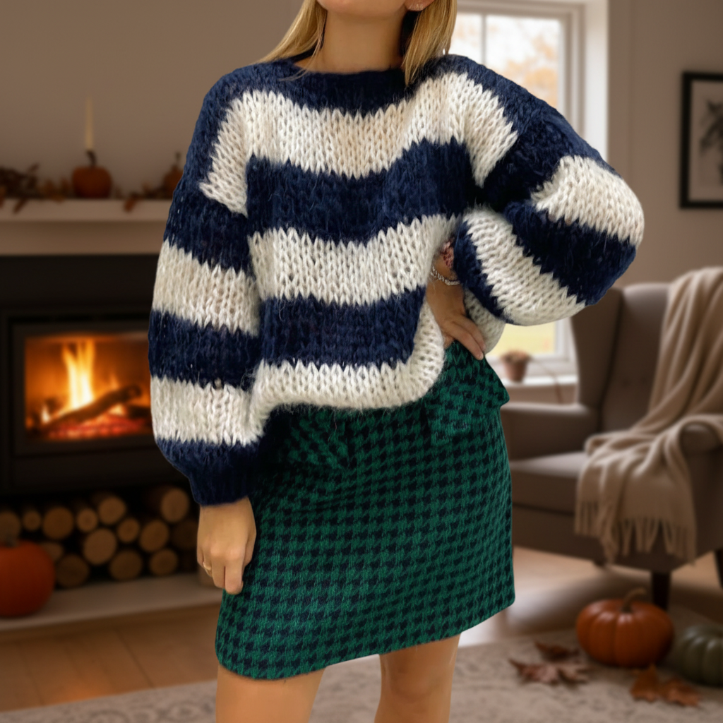 Women's Oversized Striped Knit Jumper with Balloon Sleeves