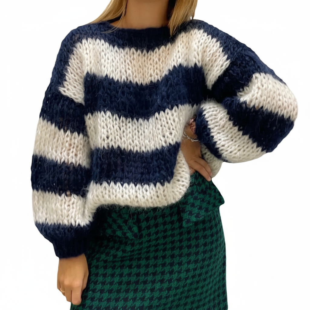 Women's Oversized Striped Knit Jumper with Balloon Sleeves