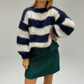 Women's Oversized Striped Knit Jumper with Balloon Sleeves – Navy Blue