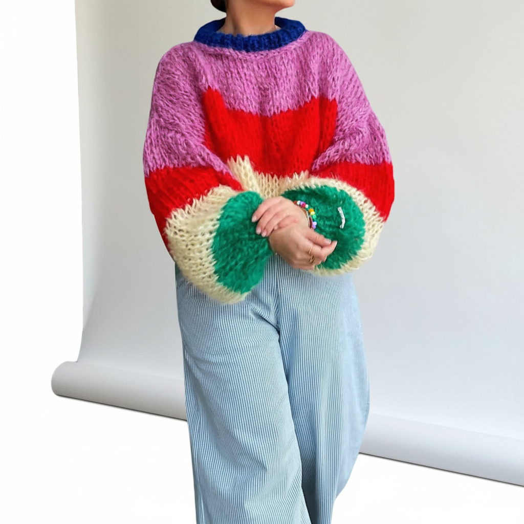 Women's Oversized Striped Knit Jumper with Balloon Sleeves – Hot Pink