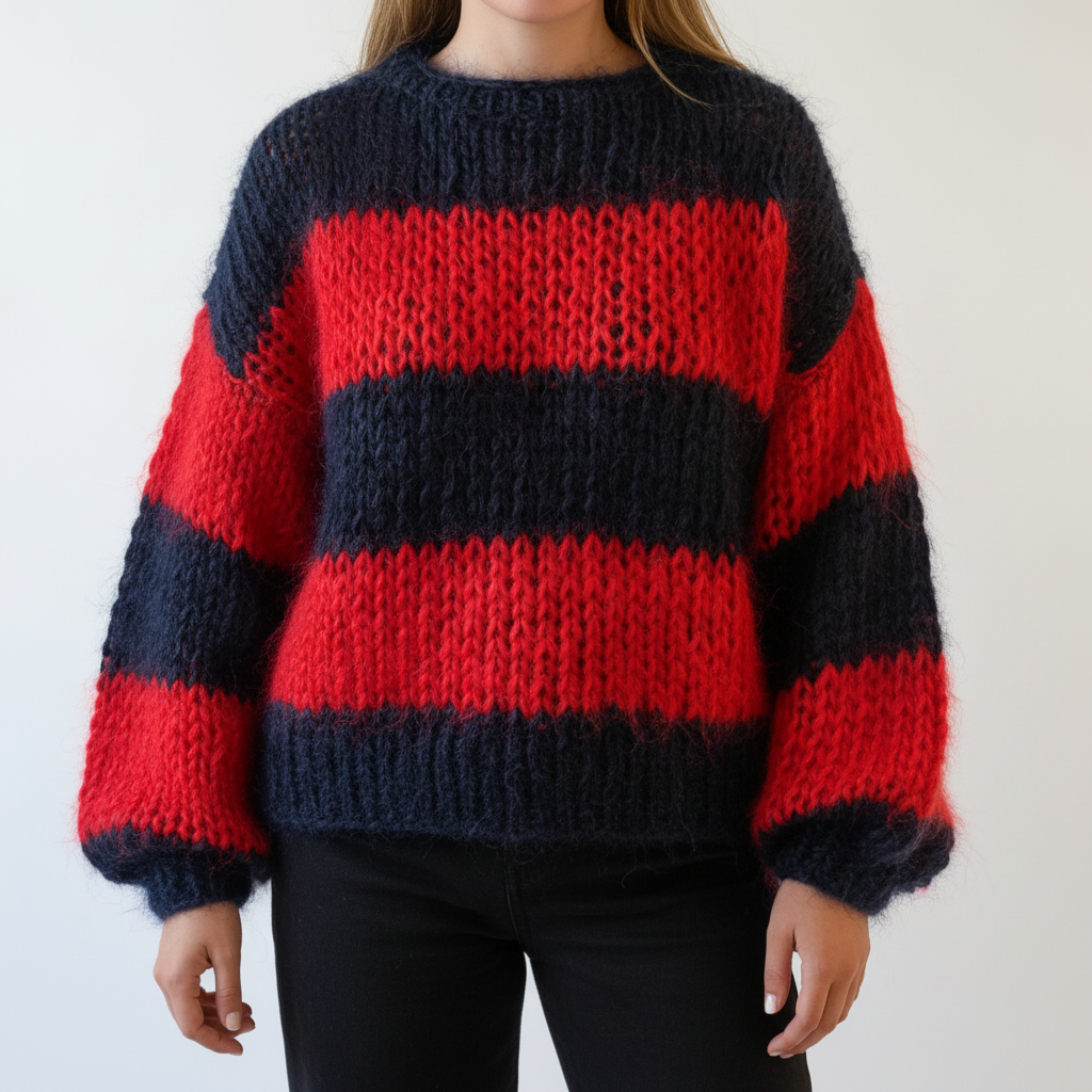 Women's Oversized Striped Knit Jumper with Balloon Sleeves – Red/Black