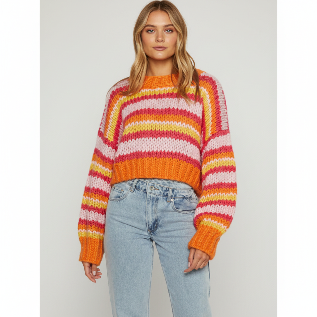 Women's Oversized Striped Knit Jumper with Balloon Sleeves – Orange