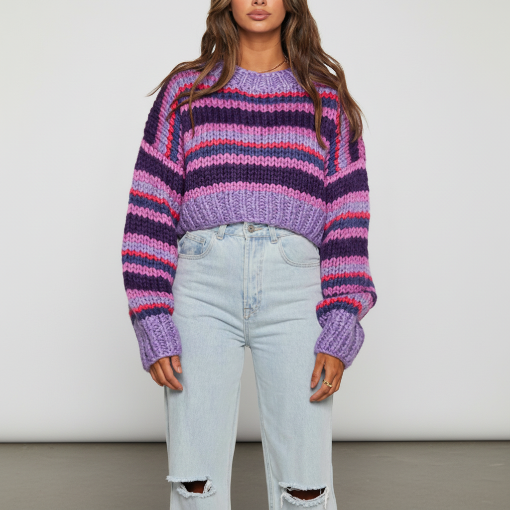 Women's Oversized Striped Knit Jumper with Balloon Sleeves – Purple