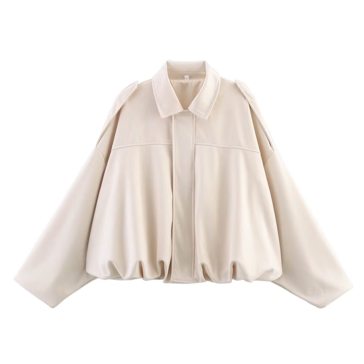 Women's Oversized Shirt-Collar Bomber Jacket with Gathered Hem – White