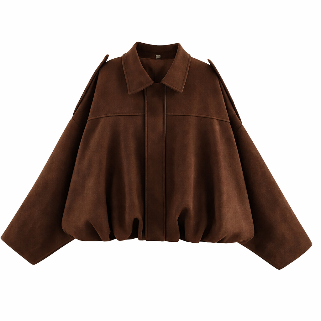 Women's Oversized Shirt-Collar Bomber Jacket with Gathered Hem – Dark Brown