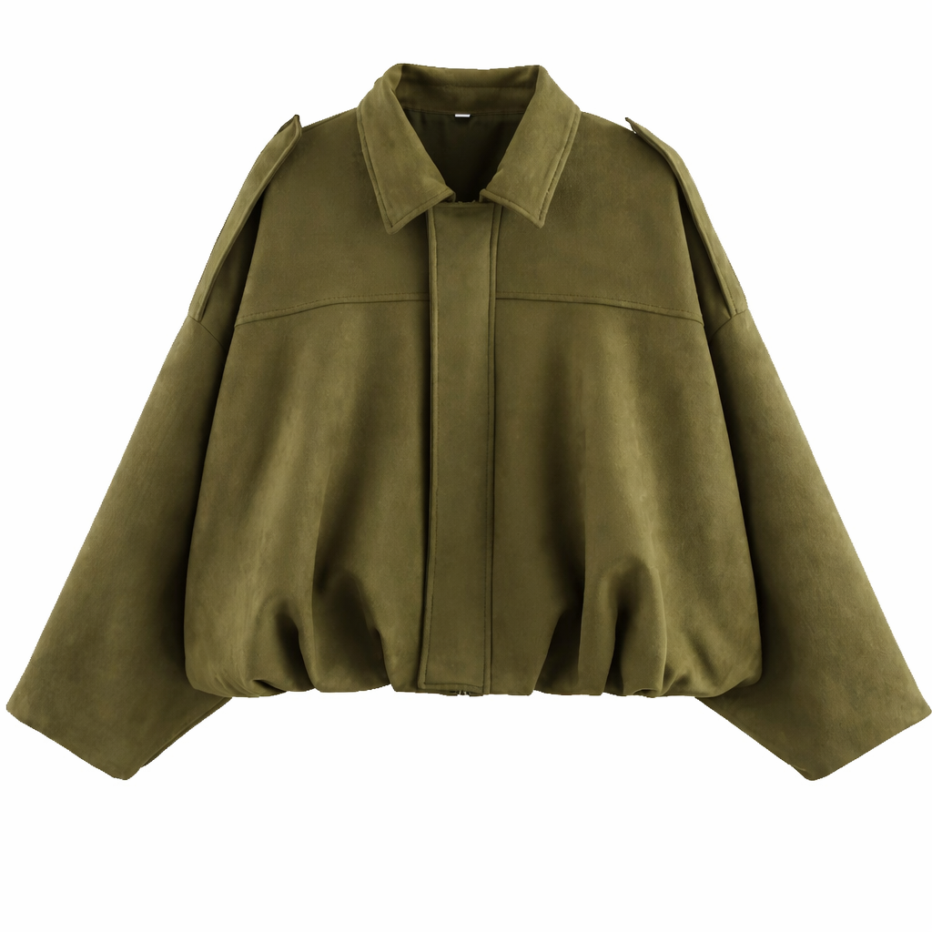 Women's Oversized Shirt-Collar Bomber Jacket with Gathered Hem – Olive Green