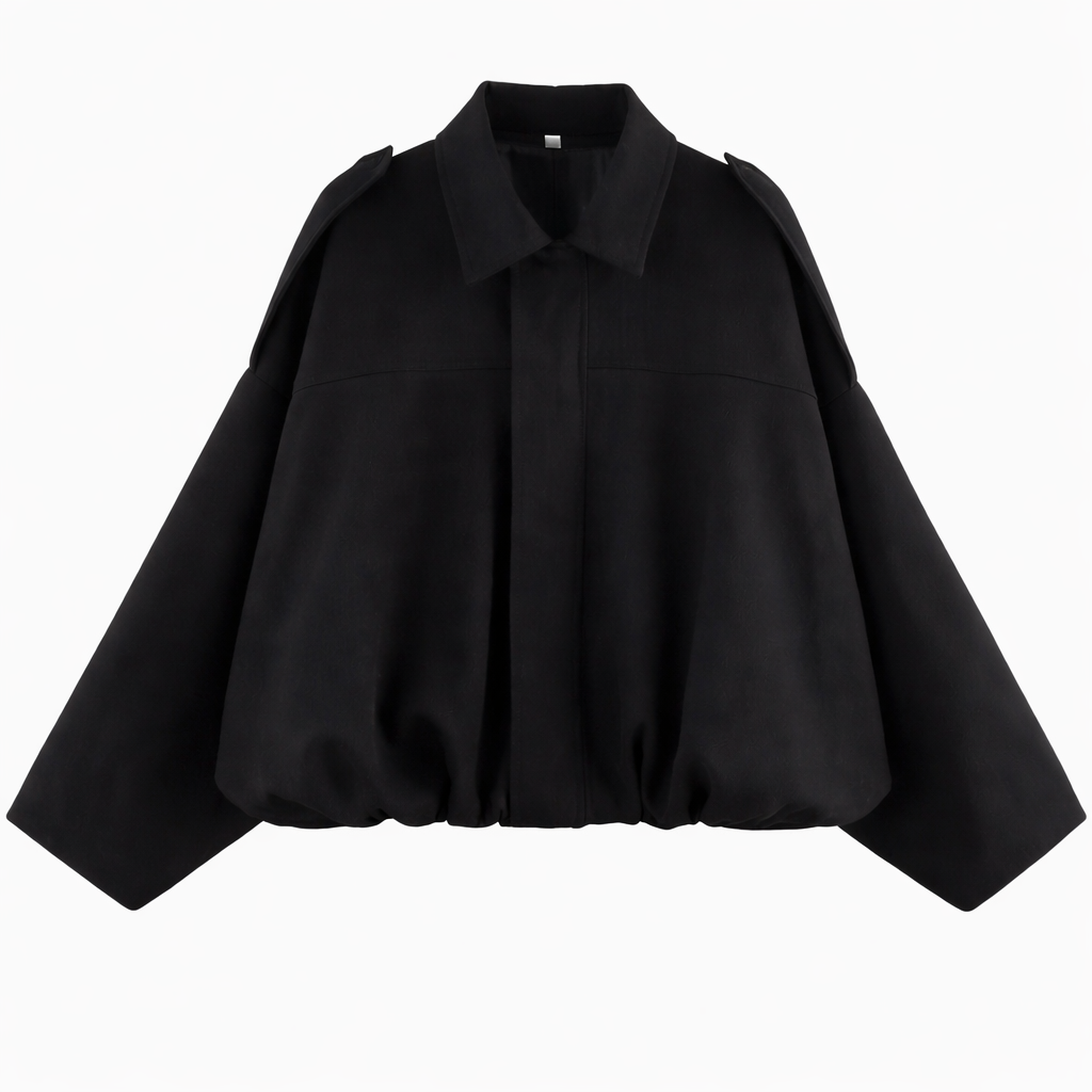 Women's Oversized Shirt-Collar Bomber Jacket with Gathered Hem – Black
