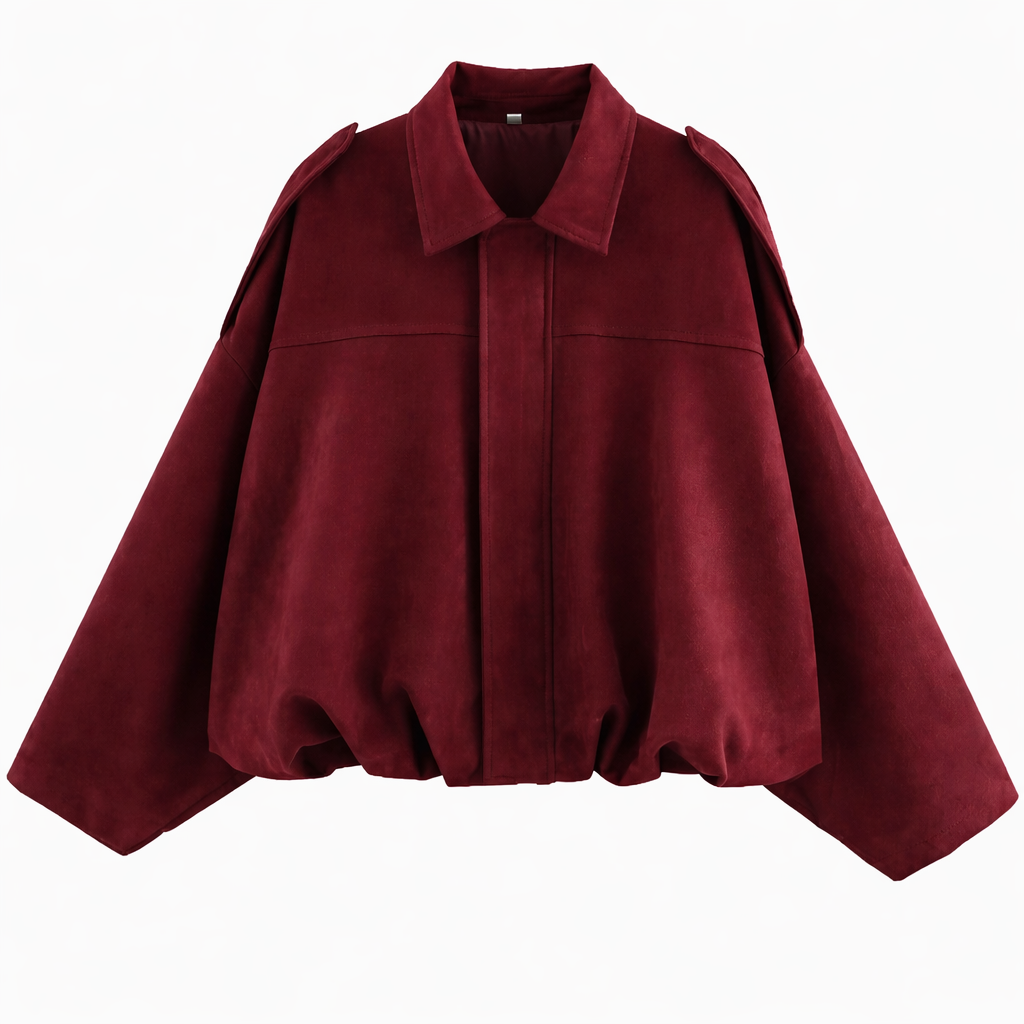 Women's Oversized Shirt-Collar Bomber Jacket with Gathered Hem – Wine Red