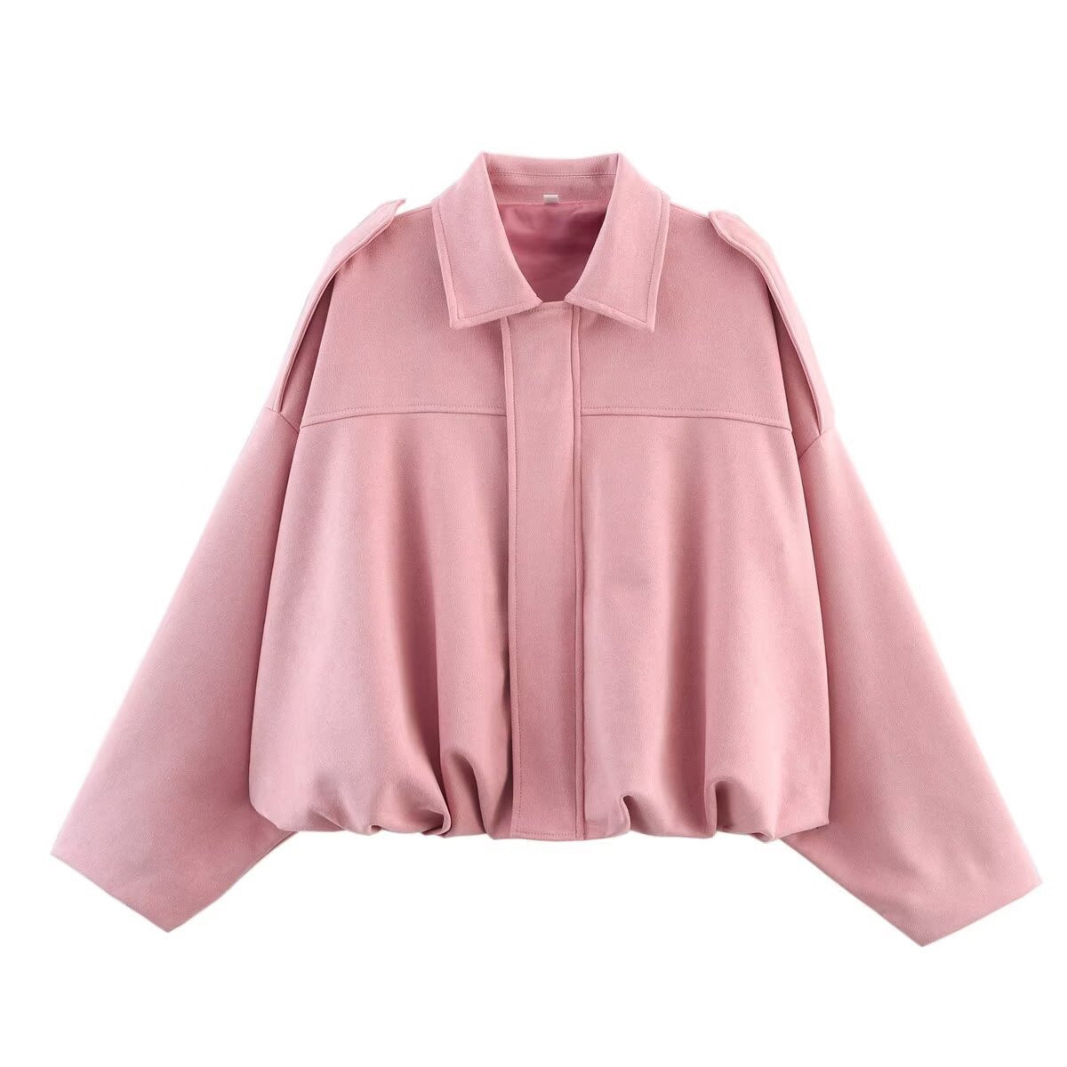 Women's Oversized Shirt-Collar Bomber Jacket with Gathered Hem – Pink