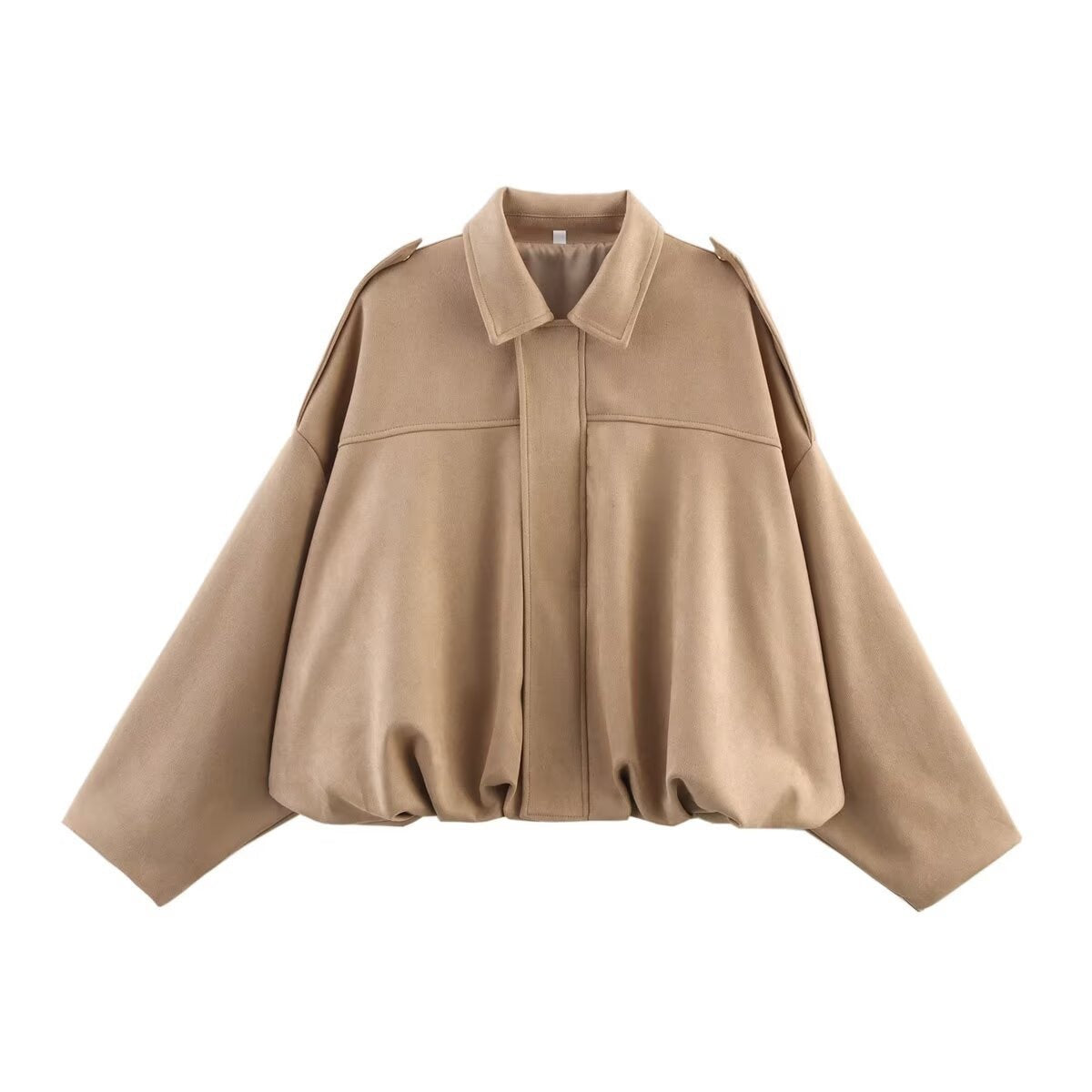 Women's Oversized Shirt-Collar Bomber Jacket with Gathered Hem – Khaki