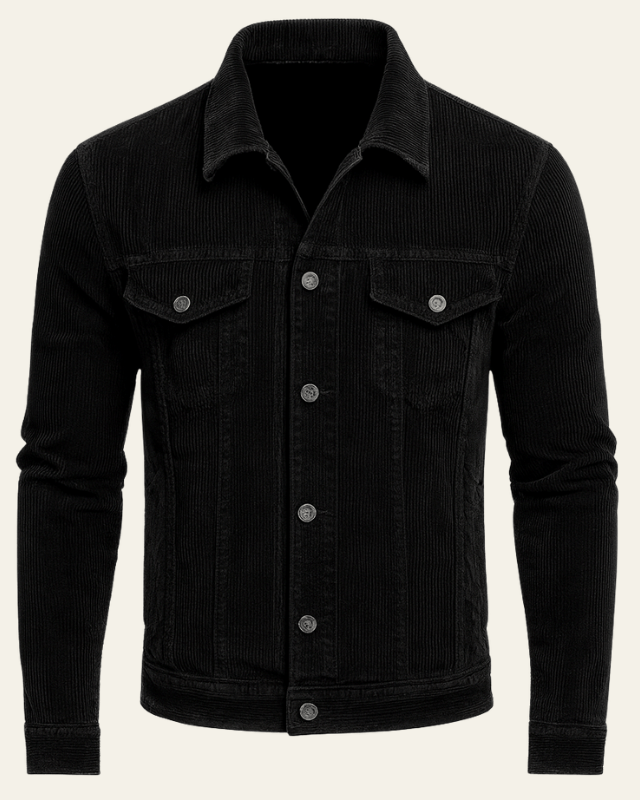 Men's Cord Trucker Jacket with Shirt Collar – Black