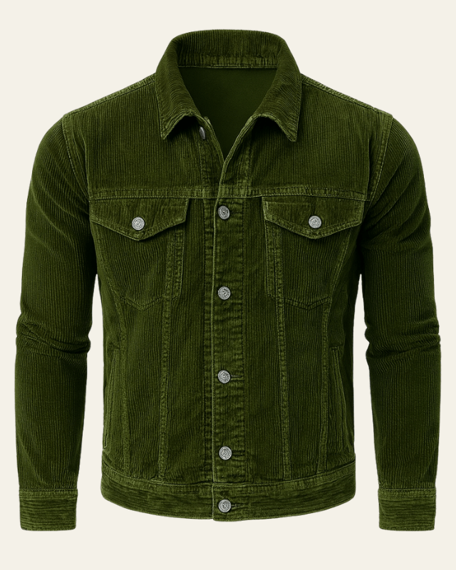 Men's Cord Trucker Jacket with Shirt Collar – Olive Green