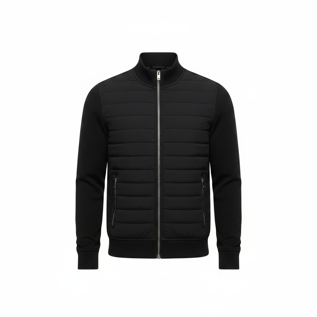 Men's Windproof Stand-Collar Jacket with Quilted Front Panel – Black